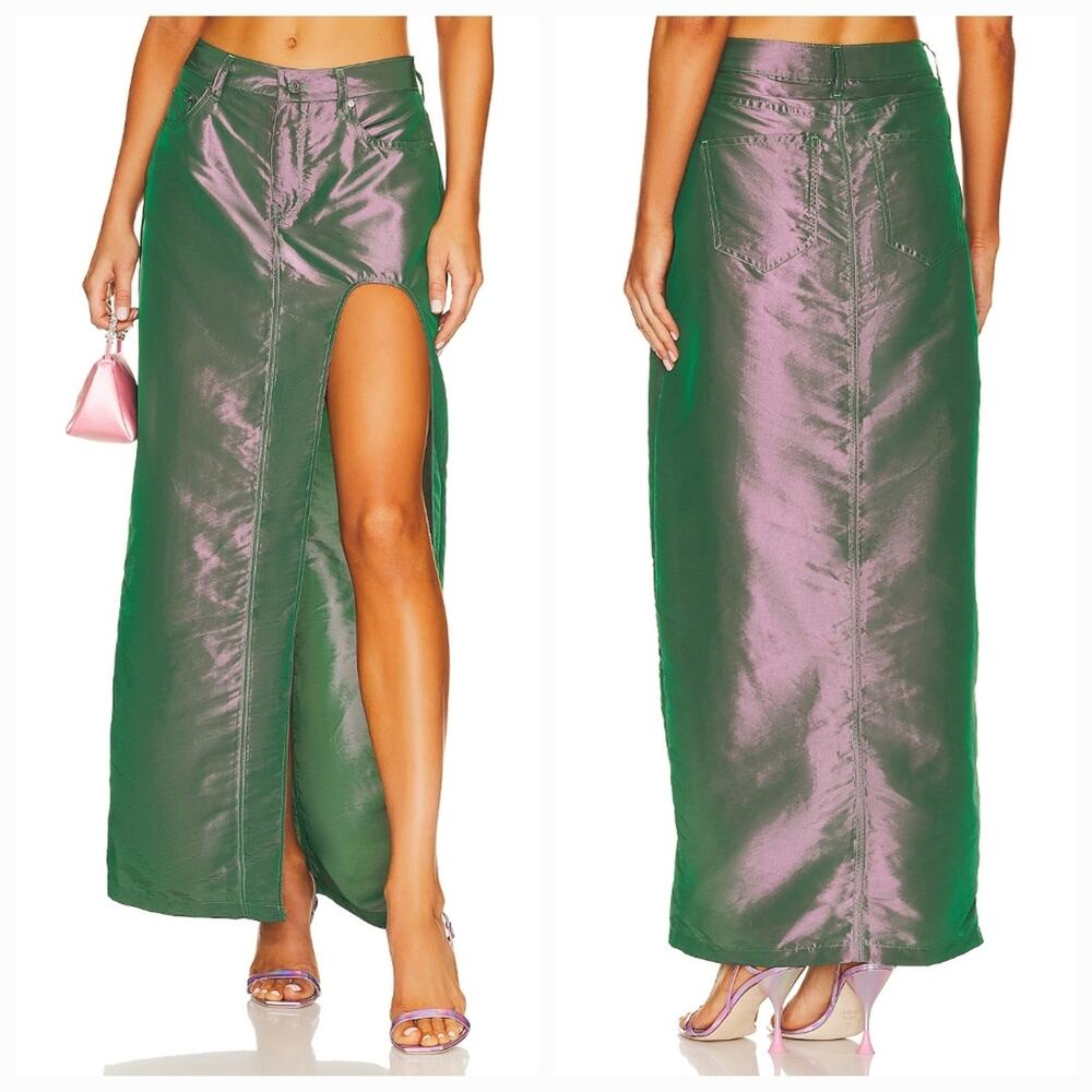 AFRM Iridescent Green-Purple Satin Maxi Skirt with High Slit